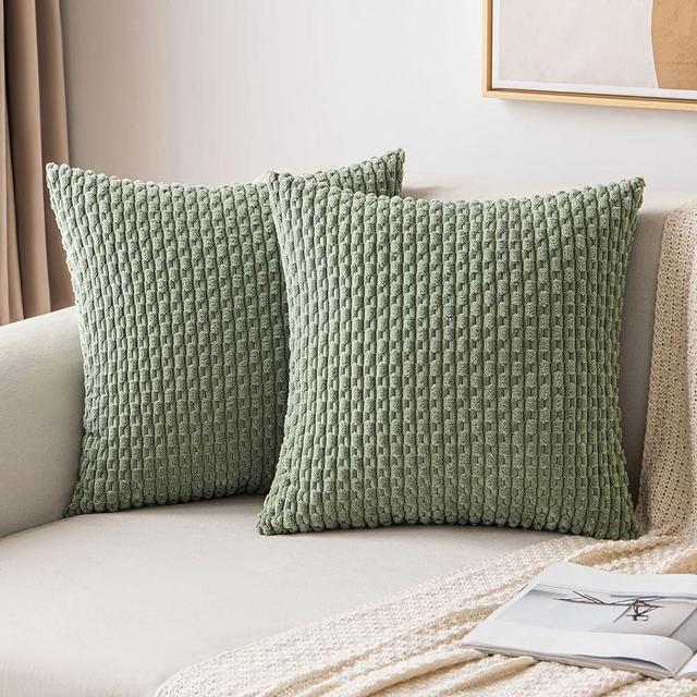 MIULEE Throw Pillow Covers Soft Corduroy Decorative Set of 2 Boho Striped Pillow Covers Pillowcases Farmhouse Home Decor for Couch Bed Sofa Living Room 24x24 Inch Sage Green