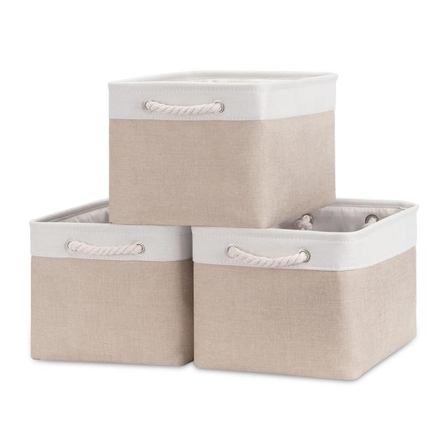 Bidtakay Baskets Large Fabric Storage Bins with Handles [3-Pack] Collapsible Storage Basket for Shelves 15 X 11 X 9.5 inches Canvas Bins for Storage Closet Organization (WhiteBeige)