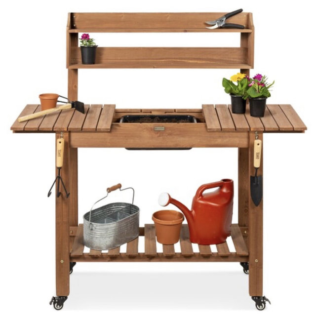 Best Choice Products Wood Garden Potting Bench Workstation, Sliding Tabletop, 4 Locking Wheels, Dry Sink
