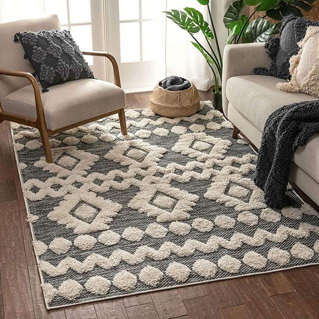 Well Woven Cenar Grey Flat-Weave Hi-Low Pile Diamond Medallion Stripes Moroccan Tribal Area Rug 5x7 (5'3" x 7'3")