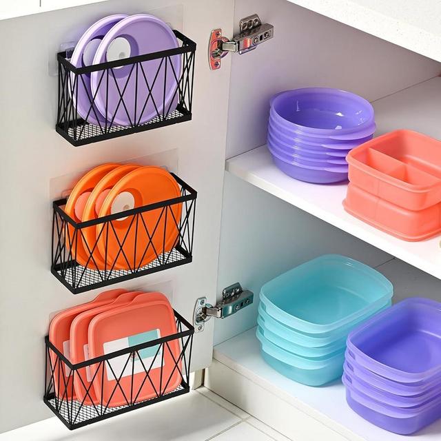 MIXISAV 3 Pack Cabinet Organizer - Adhesive Lid Organizer Slim Space Wall Mounted Inside Cabinet Door Storage for Kitchen, Bathroom, Pantry, Under Sink