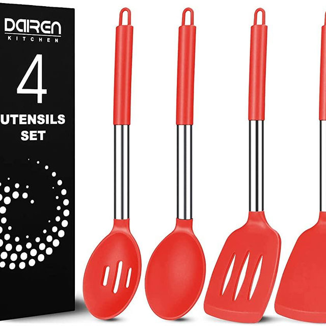 Pack of 4 Large Silicone Cooking Spatulas and Spoons, Slotted and Solid Stainless Steel Cooking Utensils Set, Non-stick Heat Resistant Kitchen for Baking, Fried, Stir-Fry, Mixing, Serving (Red)