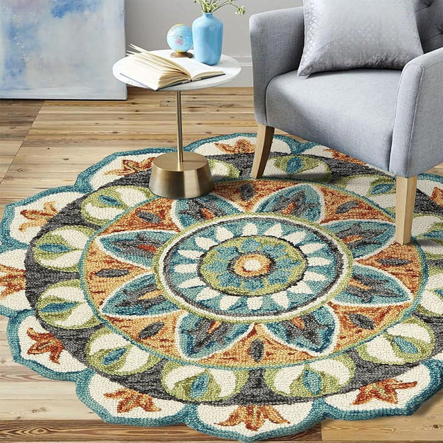 LR Home 5ft Scalloped Round Indoor Wool Area Rug for Home Decor | Rugs for Living Room, Bedroom, Playroom, Entryway, Office | Handmade Modern Farmhouse Boho Area Rug for Room Decor | Rust/Teal
