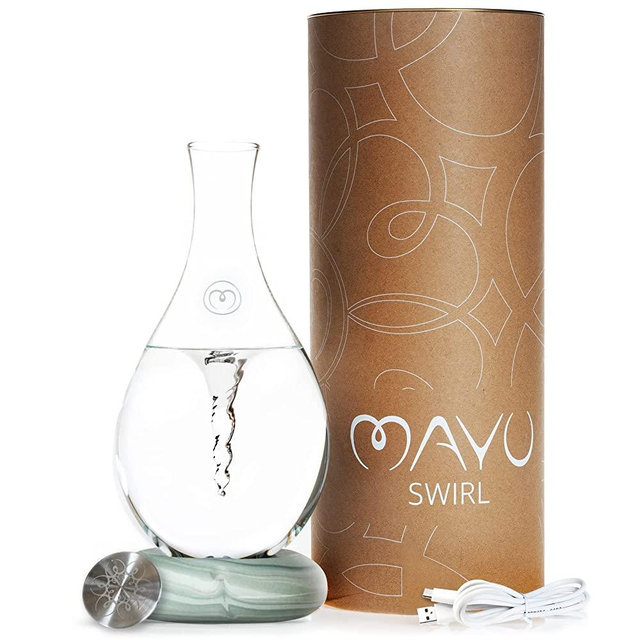 MAYU Swirl Water Pitcher, Borosilicate Glass Carafe, 1.5 Liter Design Jug. Dispenser Stand with Innovative Vortex Technology. Great for Reverse Osmosis Filter Users. 51 Oz | Graystone Color Base