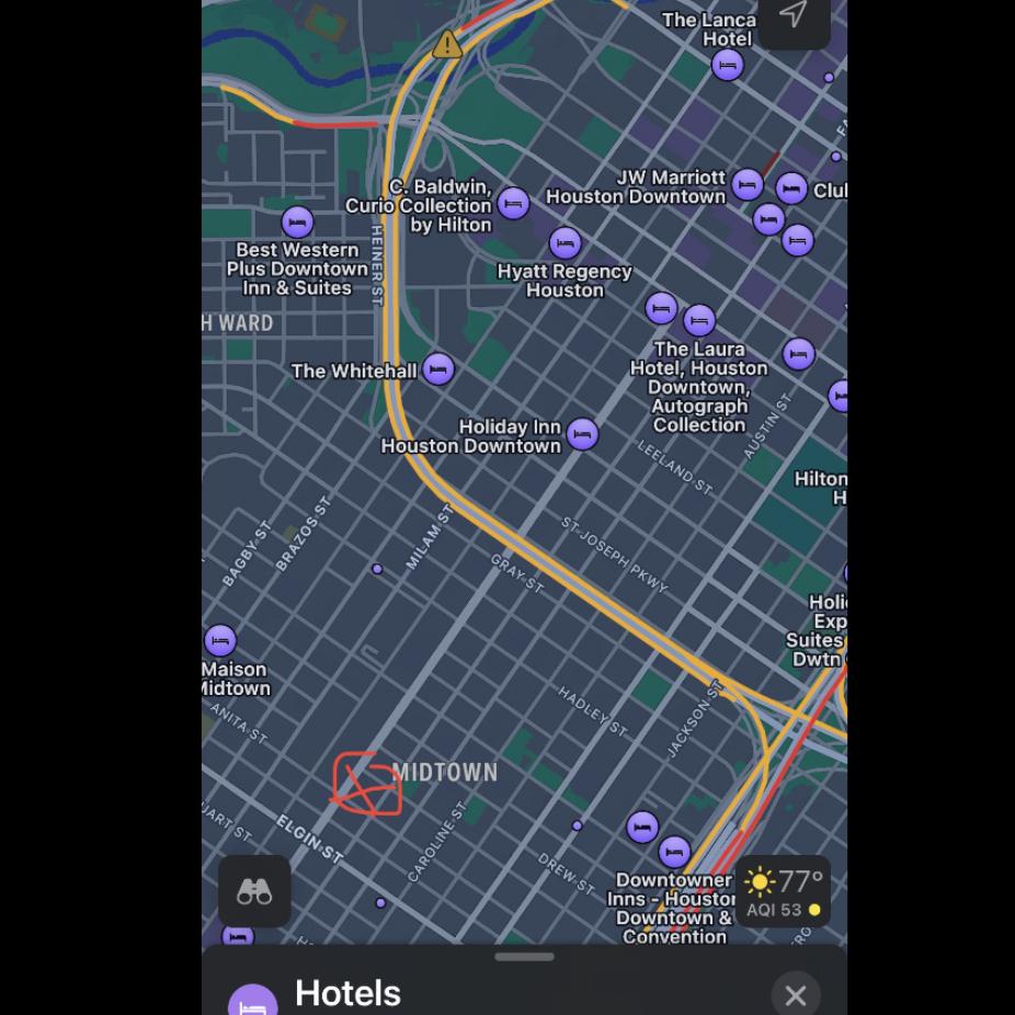 Hotels near reception venue. Reception venue marked with “X.” Also search “hotels near midtown in Houston”