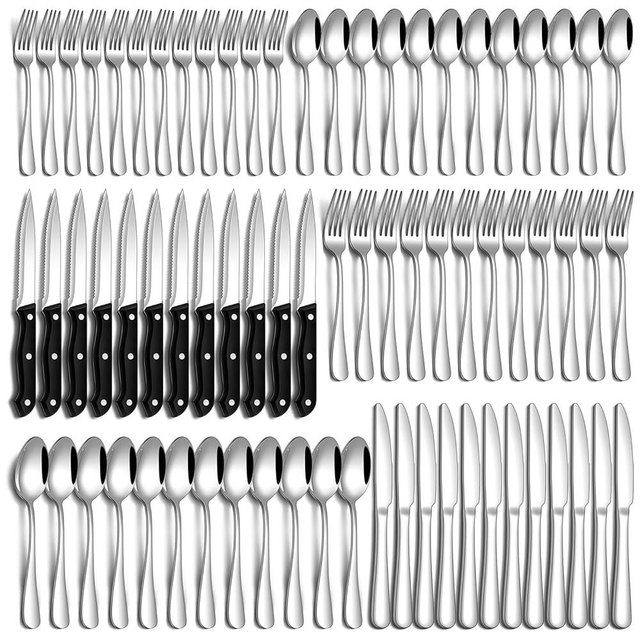 PHILIPALA 72 Pcs Silverware Set with Steak Knives Food-Grade Stainless Steel Flatware Set for 12 Mirror Cutlery Include Forks Spoons and Knives Set Dishwasher Safe Utensil Sets for Home Restaurant