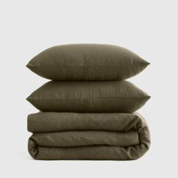 European Linen Duvet Cover Set in Dusty Olive - Queen