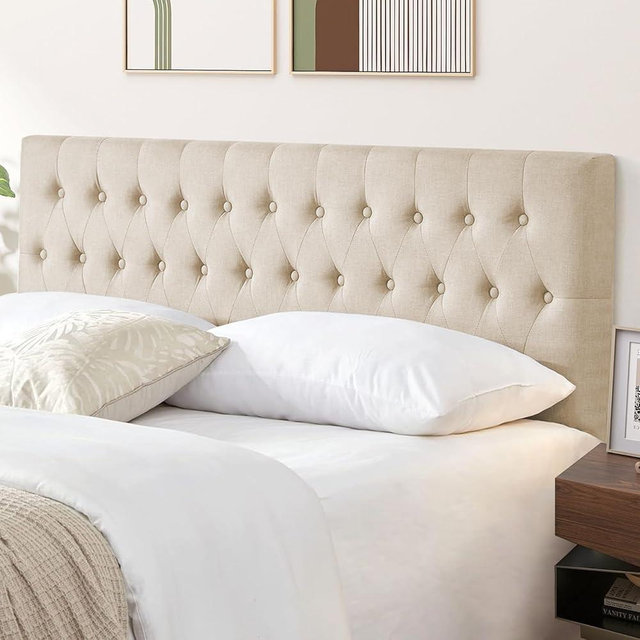 Kingfun Tufted Upholstered Full Size Bed Headboard in Modern Button Design, Adjustable Solid Wood Head Board, Premium Linen Fabric Padded Headboards in Bedroom (Beige)