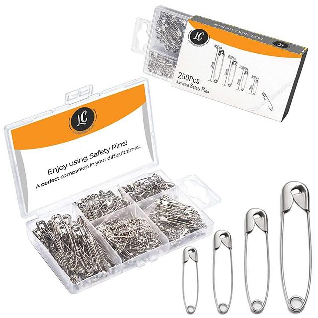 250 Pack Safety Pins by Luxurecourt, 4 Assorted Sizes of Durable, Silver Small and Large Safety Pins Bulk, Rust-Resistant Nickel Plated Steel, Sharp Edge Safety Pins for Clothes, Sewing, Arts & Craft