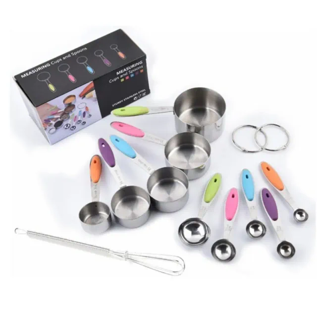 Modern Design Nesting Measuring Cups & Spoons Set MULTI-COLOR Plus Mini Whisk High Quality Stainless Steel 11-Piece Set