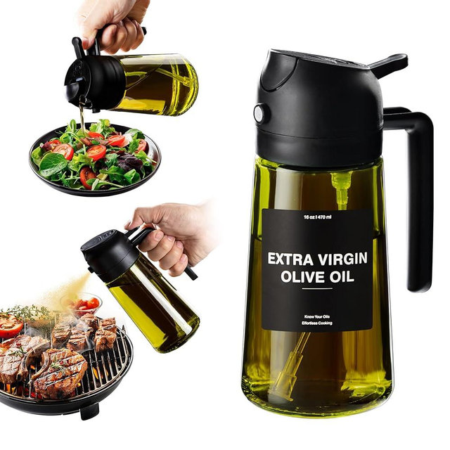 CXINYI - Oil Dispenser for Kitchen - 16oz / 470ml Olive Oil Bottle w/Stickers - 2 in 1 Olive Oil Dispenser & Oil Sprayer - Oil Sprayer for Cooking, Salad, Barbecue Black(Light-Proof)