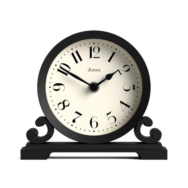 JONES CLOCKS® Saloon Mantel Clock | Traditional Double Scroll Design | Black | Contemporary Classic Style for Desk, Table, Shelf or Bedside