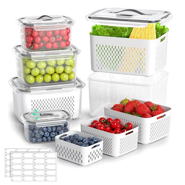 Fruit Storage Containers for Fridge - 5 Size Produce Storage Containers for Refrigerator Organizers Bins with Colander Set, Clear Lettuce Keeper with Lids and Handle, Ideal Vegetable Storage Bins