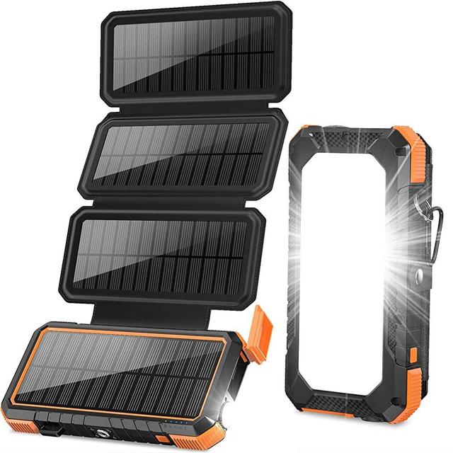 BLAVOR Solar Charger with Foldable Panels, Outdoor Power Bank 18W Fast Charging, 20,000mAh Solar Powered Charger with Camping Light/Flashlight/Compass Type C USB Charger 3 Outputs/Dual Inputs(Orange)