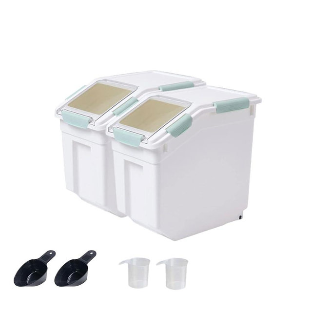 Qiveno Airtight Flour Storage Container 25 lb Rice Storage Container with Wheels Seal Locking Lid, Food Containers with Measuring Cup& Scoop for Flour, Rice, Grain, Gray, 2Pack
