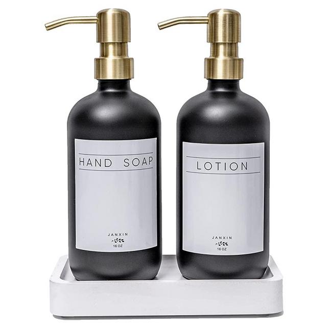 Janxin Glass Soap Dispenser for Kitchen with Stainless Steel Pump and Wood Tray, Modern Bathroom Soap Dispenser with Waterproof Labels for Hand Soap, Dish Soap, Lotion(Black Bottles+Gold Pumps)