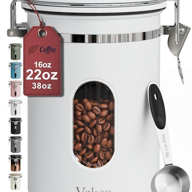 Veken Coffee Canister with Window, Airtight Stainless Steel Kitchen Food Storage Container with Lids, Date Tracker and Scoop for Grounds Coffee, Beans, Tea, Flour, Cereal, Sugar Jars, 22OZ, White