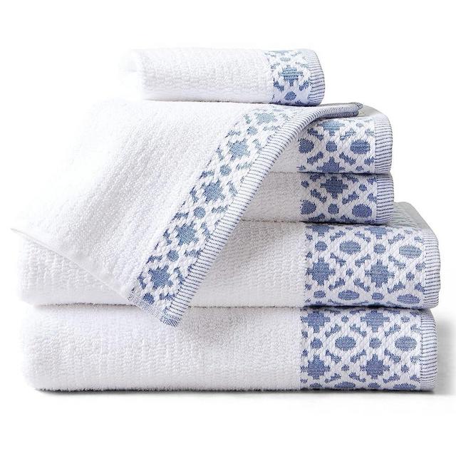 100% Turkish Cotton Luxury Towel Set | Super Soft and Highly Absorbent | Textured Dobby Border | 550 GSM | 2 Bath Towels, 2 Hand Towels, & 2 Washcloths | Nitra Collection (White / Denim Blue)