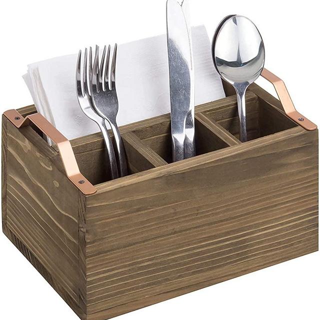 iKUGUI Rustic Burnt Wood Kitchen Utensils Holder Napkin Caddy with Copper-Toned Handles, 4-Compartment Dining Flatware Organizer Cutlery Holder