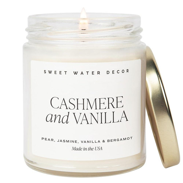 Sweet Water Decor Cashmere and Vanilla Soy Candle | Milky Coconut, Frangipani, and Soft Cashmere Scented Candles for Home | 9oz Clear Jar + Gold Lid, 40+ Hour Burn Time, Made in the USA