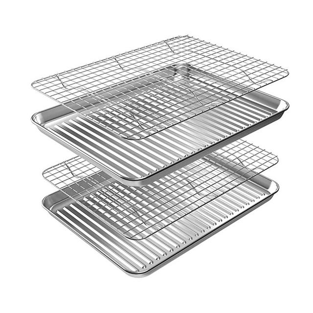 ROTTAY Quarter Baking Sheet Pan with Wire Rack Set [2 Pans + 2 Racks], Stainless Steel Cookie Sheet for Oven, Warp Resistant & Heavy Duty & Rust Free, Size 12.4 x 9.6 x 1 Inches