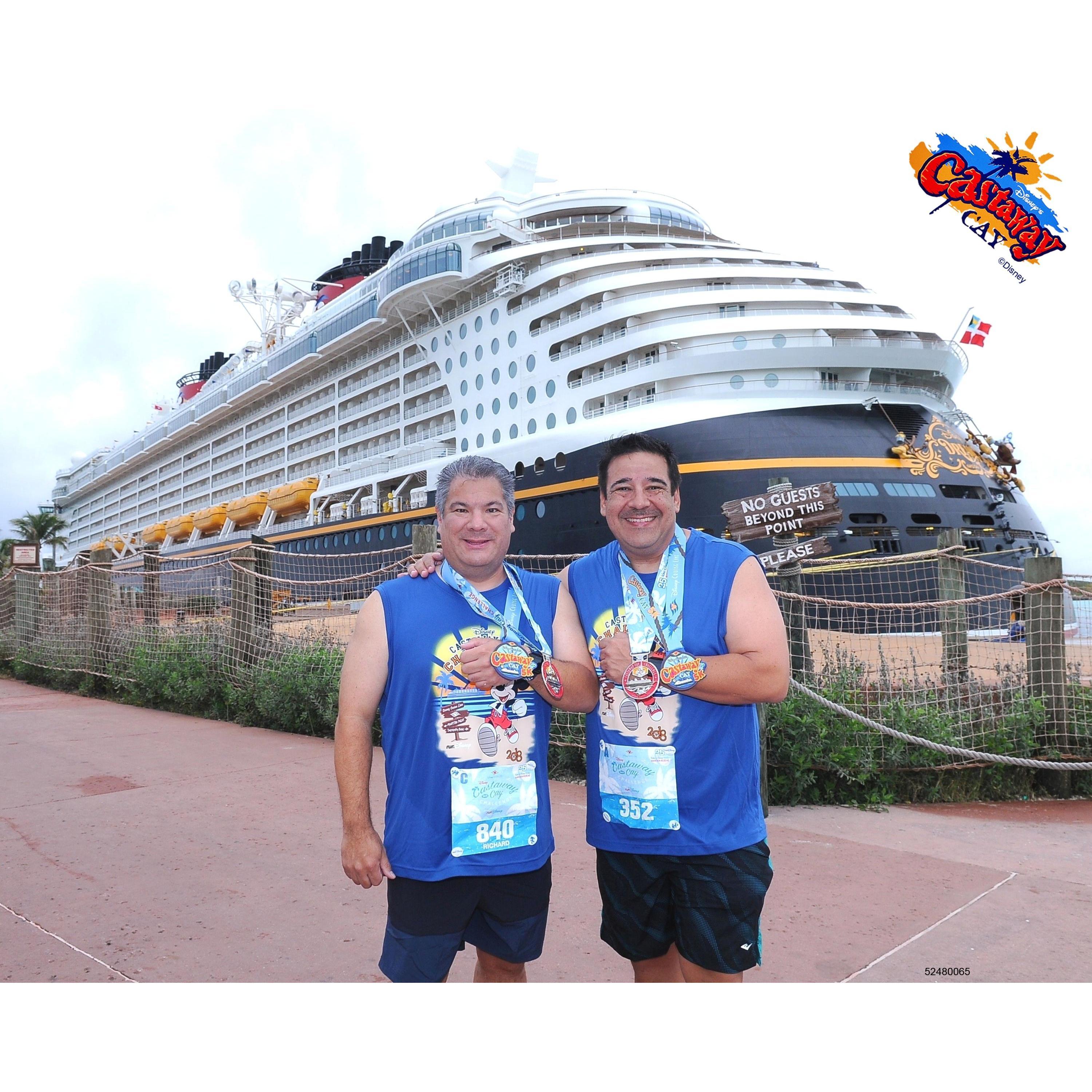 We also enjoy going on cruises.  Double bonus is when we do a 5k while on Disney's private island.