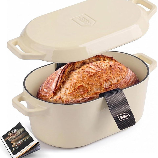 Kook Dutch Oven, For Sourdough Baking, Dual Handles, Enameled Cast Iron, includes Silicone Mat and Sourdough Guide, Dishwasher Safe, Oven safe 500F, 5 Qt, (Ivory)