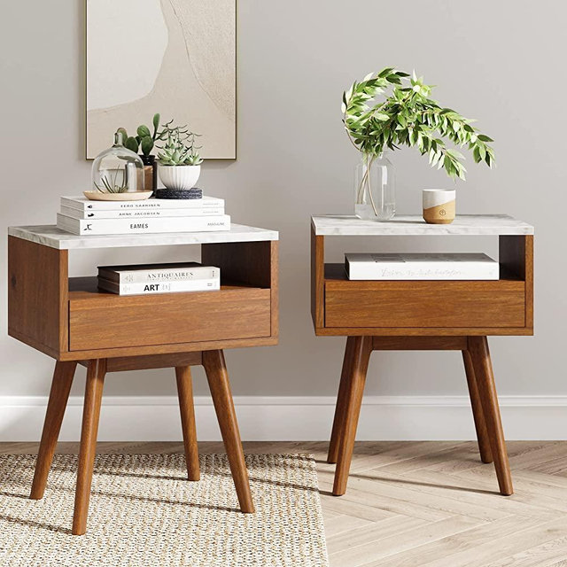 Nathan James James Mid-Century Accent Side or End Table with Storage, Wood Frame, White/Brown-Set of 2