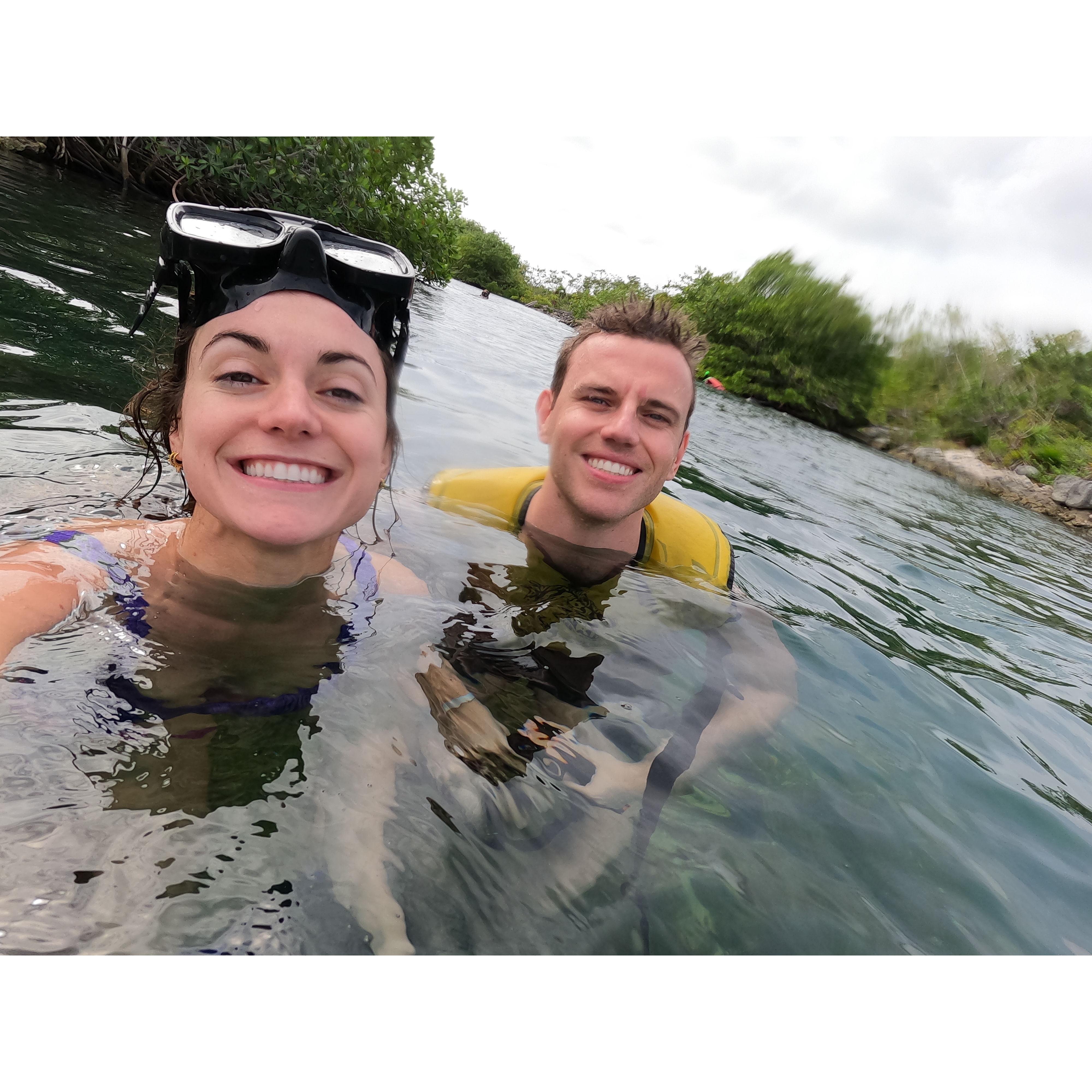 Sharing our love for extreme water sports (snorkeling with our life vests on).