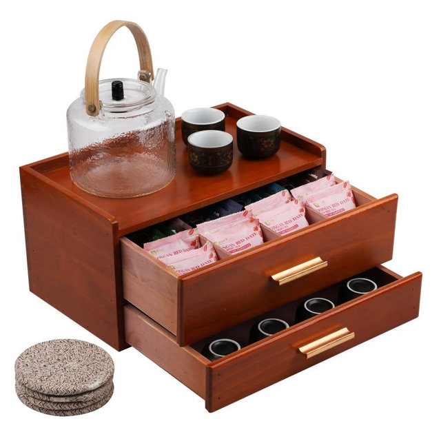 Tea Organizers and Storage Box with Drawer Tea Station organizer for Countertop with 8 Compartments Pine Wood Tea Bag Organizer with Drawer Teabag Holder with 4 Cotton Woven Coasters（Brown02）