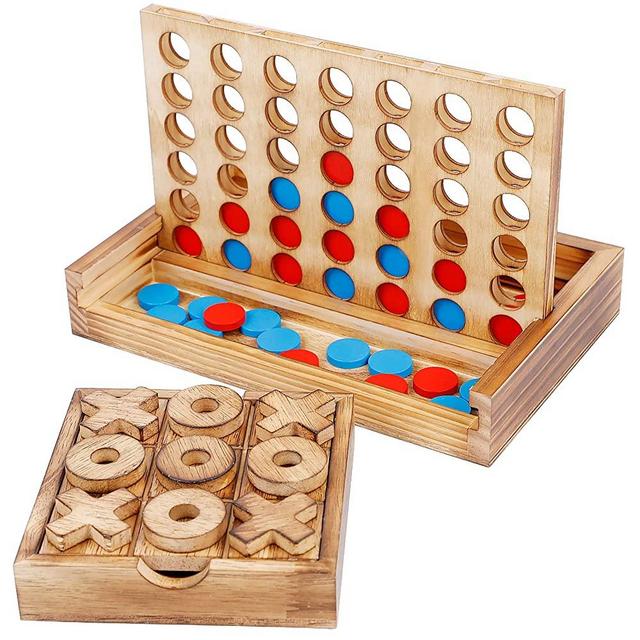 Glintoper Tic Tac Toe & 4 in a Row Tables Game Set, Classic Board Line Up 4 Game for Living Room Rustic Table Decor and Use as Game Top Wood Guest Room Decor Strategy Board Games for Families