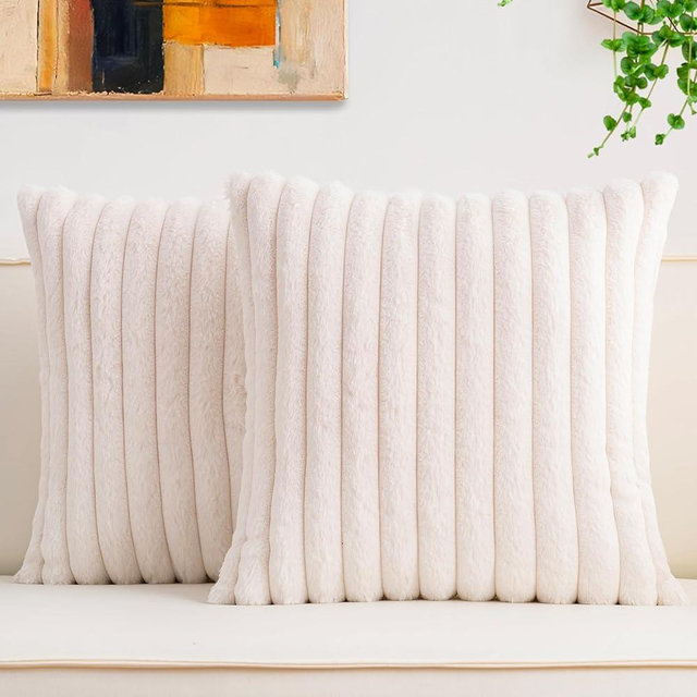 Aegero Pack of 2 Faux Fur Christmas Throw Pillow Covers 18x18 Inch, Soft Plush Striped Neutral Couch Pillow Cover, with Velvet Back Modern Home Decor for Sofa Living Room Couch Bed Cream White
