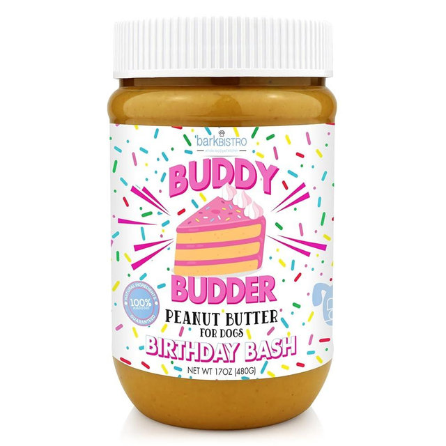 BUDDY BUDDER Birthday Bash, 100% Natural Dog Peanut Butter, Healthy Dog Peanut Butter Treat, Made in USA (17oz)
