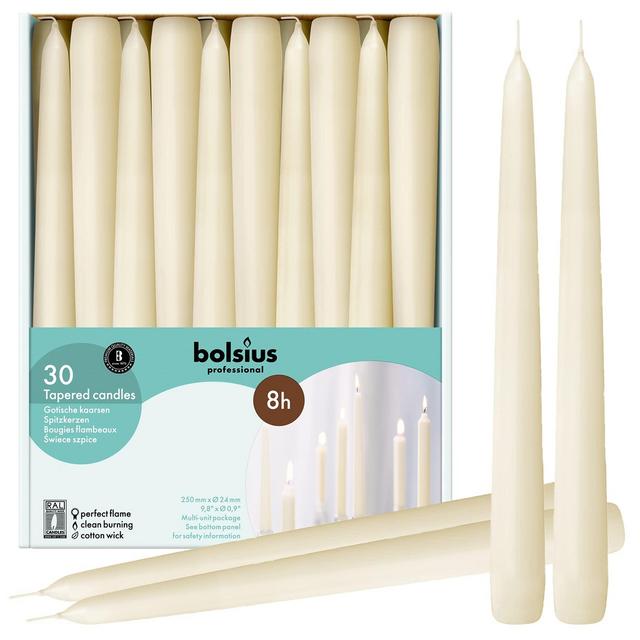 BOLSIUS 30 Count Household Ivory Taper Candles - 10 Inches - Premium European Quality - 8 Burn Hours - Bulk Pack Unscented Dripless and Smokeless Home Décor, Restaurant, Wedding, Party Candlesticks