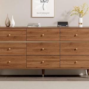 Dresser for Bedroom with 9 Drawers,63" Wide Modern Chest of Drawers with Metal Handle,Wooden Dresser TV Stand,Wood Closet Clothes Storage Organizer for Living Room,Hallway, Walnut Color