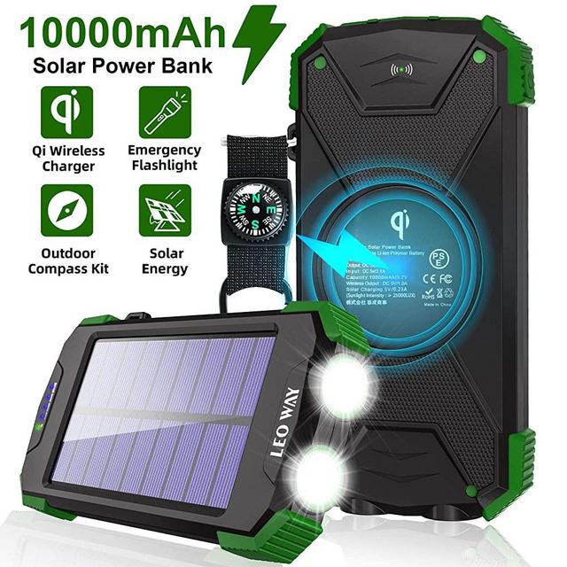 Solar Charger 10000mAh, Portable Solar Power Bank IPX4 Waterproof Outdoor Travel Qi Wireless Solar Panel Charging External Battery Pack with DC5V/2.1A USB Output/Type-C Input/Dual Flashlight/Compass