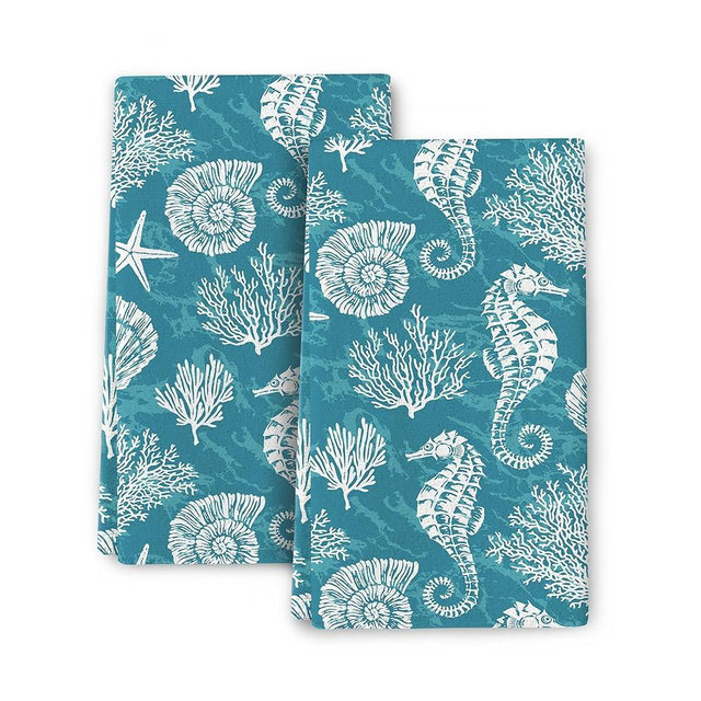 Wovoto Teal Green Kitchen Towels Decorative Set Set of 2 Absorbent Dish Towels for Kitchen Bathroom Farmhouse Home Decor (Seahorse Corals, 16x24 Inch)