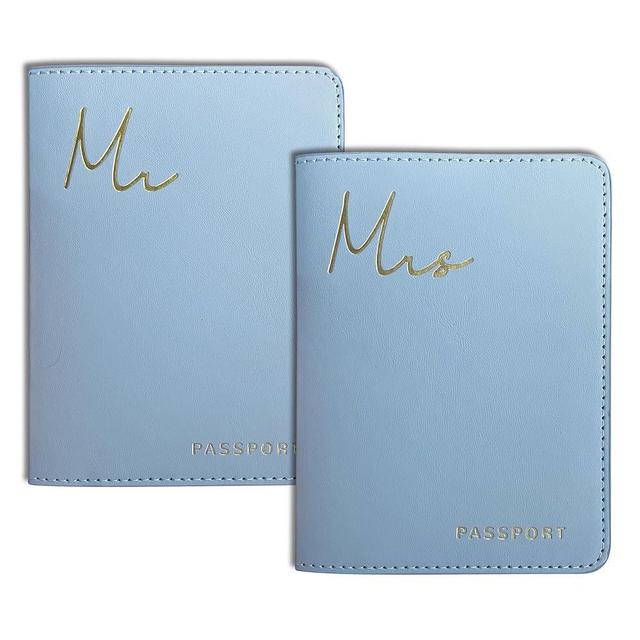 Mr&Mrs Gifts Matching Passport Covers for Mr and Mrs, Gold Foil Logo, Dual PU Leather with Card Pockets, Honeymoon Travel Essentials Gift for Newlyweds(MM Light Blue)