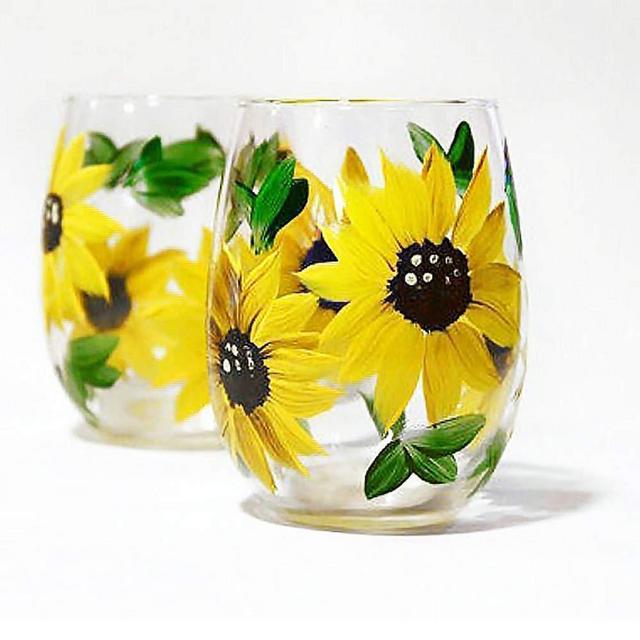Sunflower Stemless Wine Glasses - Gift for Women - Sunflower Kitchen Decor - Rustic Country Farmhouse - Set of 2 - Hand Painted
