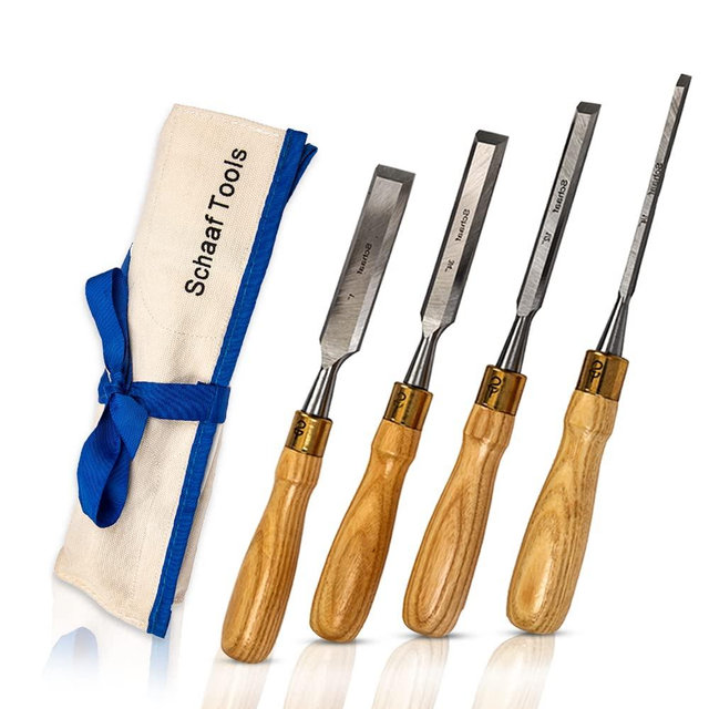 Finely Crafted Wood Chisel Set, 4 High-Performance Woodworking Chisels with Durable, Sharp CR-V Steel Blades Tempered to 60HRc, Chisel Set with Tool Roll from Schaaf Wood Carving Tools