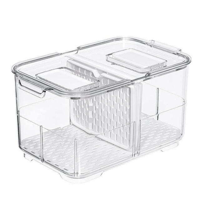 SANNO Food Storage Containers Produce Saver Containers Stay Fresh Container,Food Storage Container Bin Stackable Refrigerator Freezer Organizer Fresh Keeper with Vented Lids and Removable Drain Tray