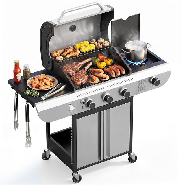 Kismile 3-Burner Propane Gas Grill with Side Burner, 34,000 BTU, Iron & Stainless Steel Barbecue Grill, Porcelain-Enameled Cast Iron Grates, Outdoor Propane BBQ Grill for Patio Garden Cooking