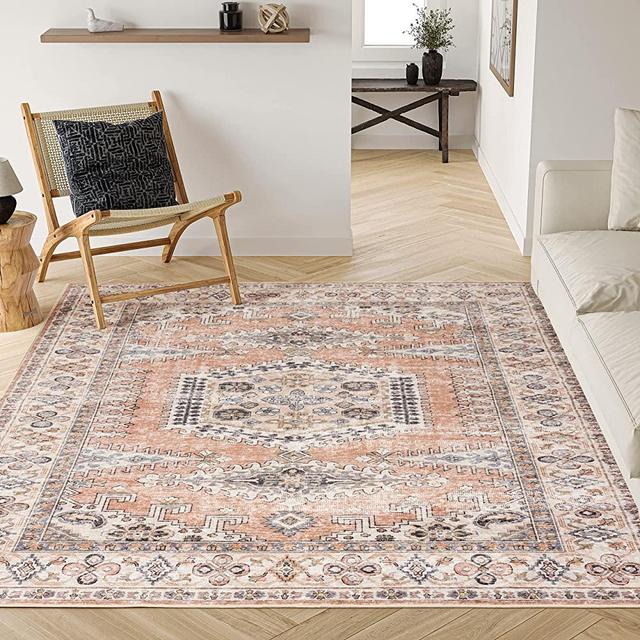 Valenrug Washable Rug 6x9 - Ultra-Thin Antique Collection Area Rug, Stain Resistant Rugs for Living Room Bedroom, Distressed Persian Boho Rug(Peach/Yellowish, 6'x9')