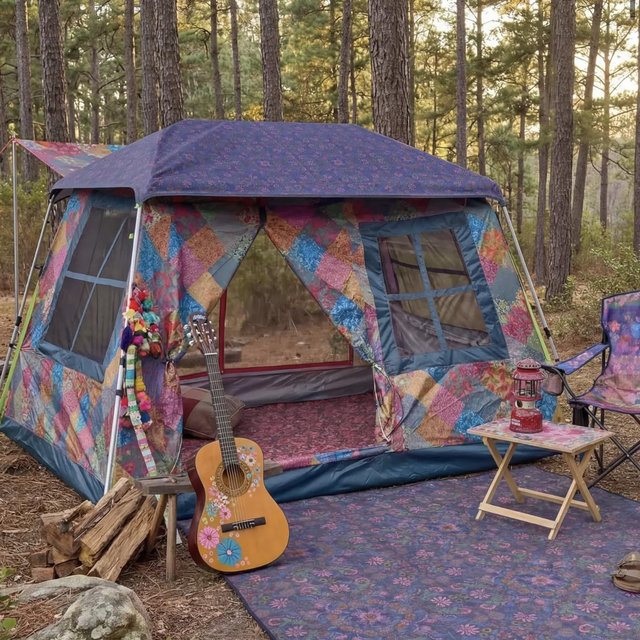 Live Happy Camping Tent - Bright Patchwork Zinnias