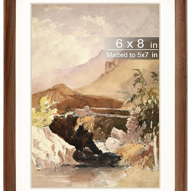Gdfmsc 6x8 Picture Frame with Mat for 5x7, Natural Walnut Wood Handcrafted Rounded Corner with Real Glass, Vertical or Horizontal Display Photo Gallery Wall & Tabletop Frame