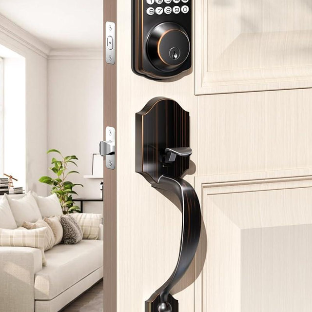 TEEHO Keyless Entry Door Lock - Electronic Keypad Deadbolt with Handle Set - Front Door Handles - Heavy Duty - Door Lock with Code - 2 Keys - Auto Lock Feature - Easy Installation - Oil-Rubbed Bronze