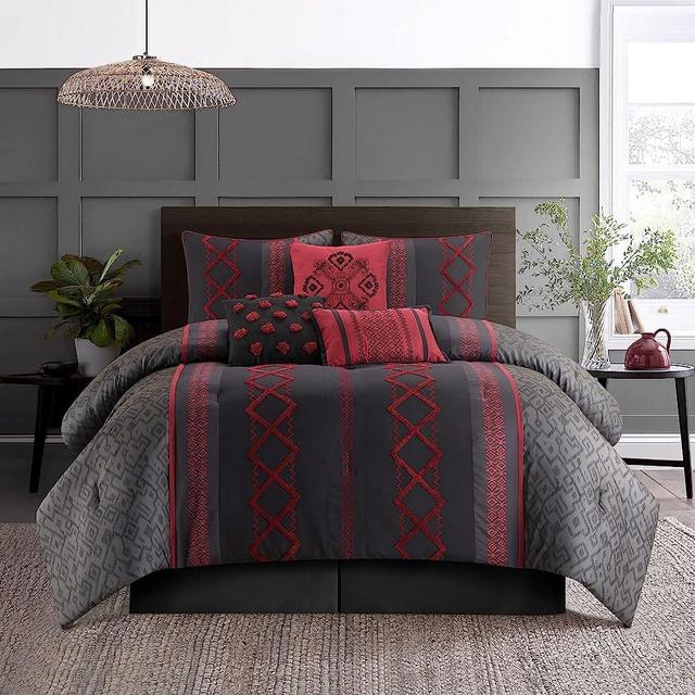 Grand Avenue Black Red Comforter Set California King Size, 7 Piece Terry Embroidery All Season Bedding Set