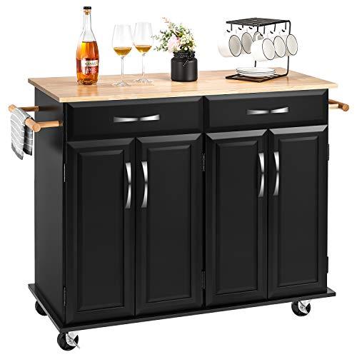 kealive Kitchen Island on Wheels Rolling Kitchen Island with Storage, Handle Rack Rubber Wood Top Cabinet, Classic Black 48.2L x 18.5W x 35.4H