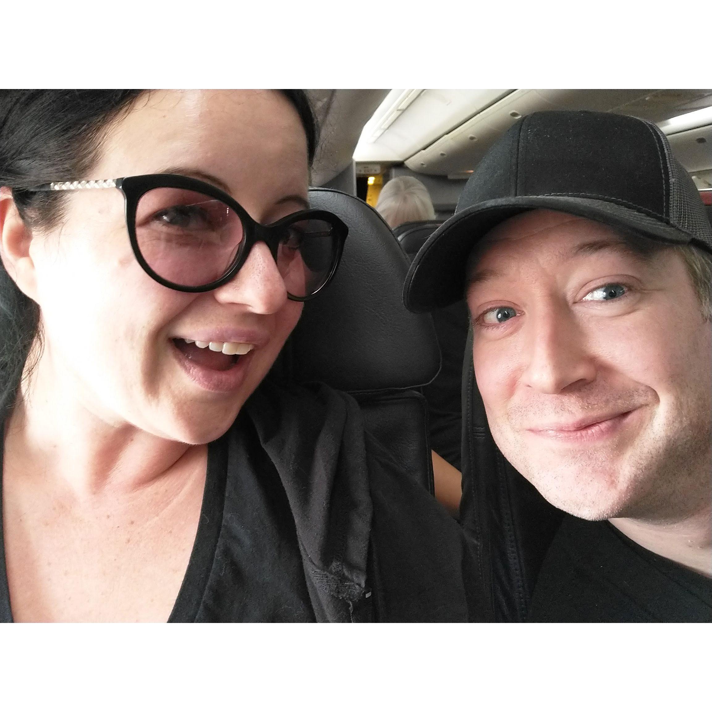 On the plane to Scotland in Aug. 2022. Andy knows he's going to propose, while Ally has no idea but is hopeful.
