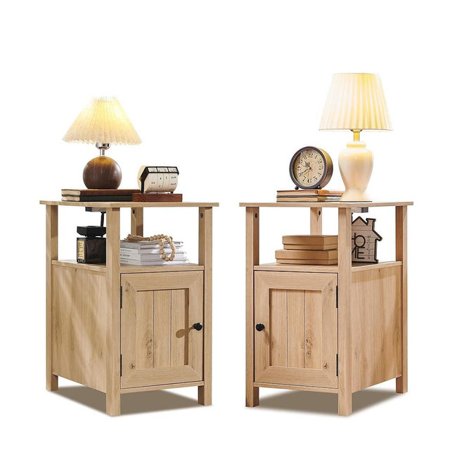 IFBUY Farmhouse Nightstands Set of 2, Narrow Bedside Table with Charging Station, Night Stand Set 2 with Storage & Open Shelf, End Tables w/Groove Barn Door for Bedroom, Living Room-Natural